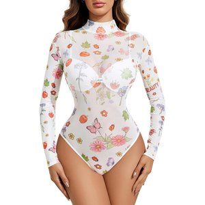 Women's Turtleneck Bodysuit Sheer Mesh Shirt Top Stretchy Shirt Top-White Floral